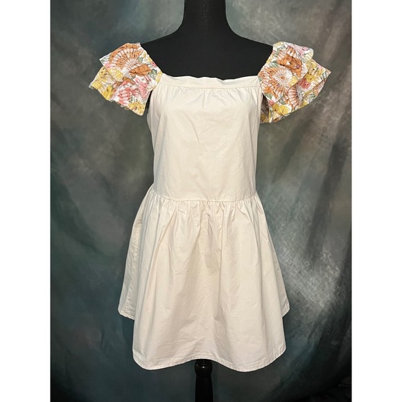 BiBi Dresses & Skirts - BiBi Floral Ruffle‎ Sleeve Mini Dress, Square Neck Sleeveless A-Line Tan Size Lg